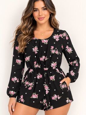 Mimi Chica Black Long-Sleeve Romper with Pink Floral Print